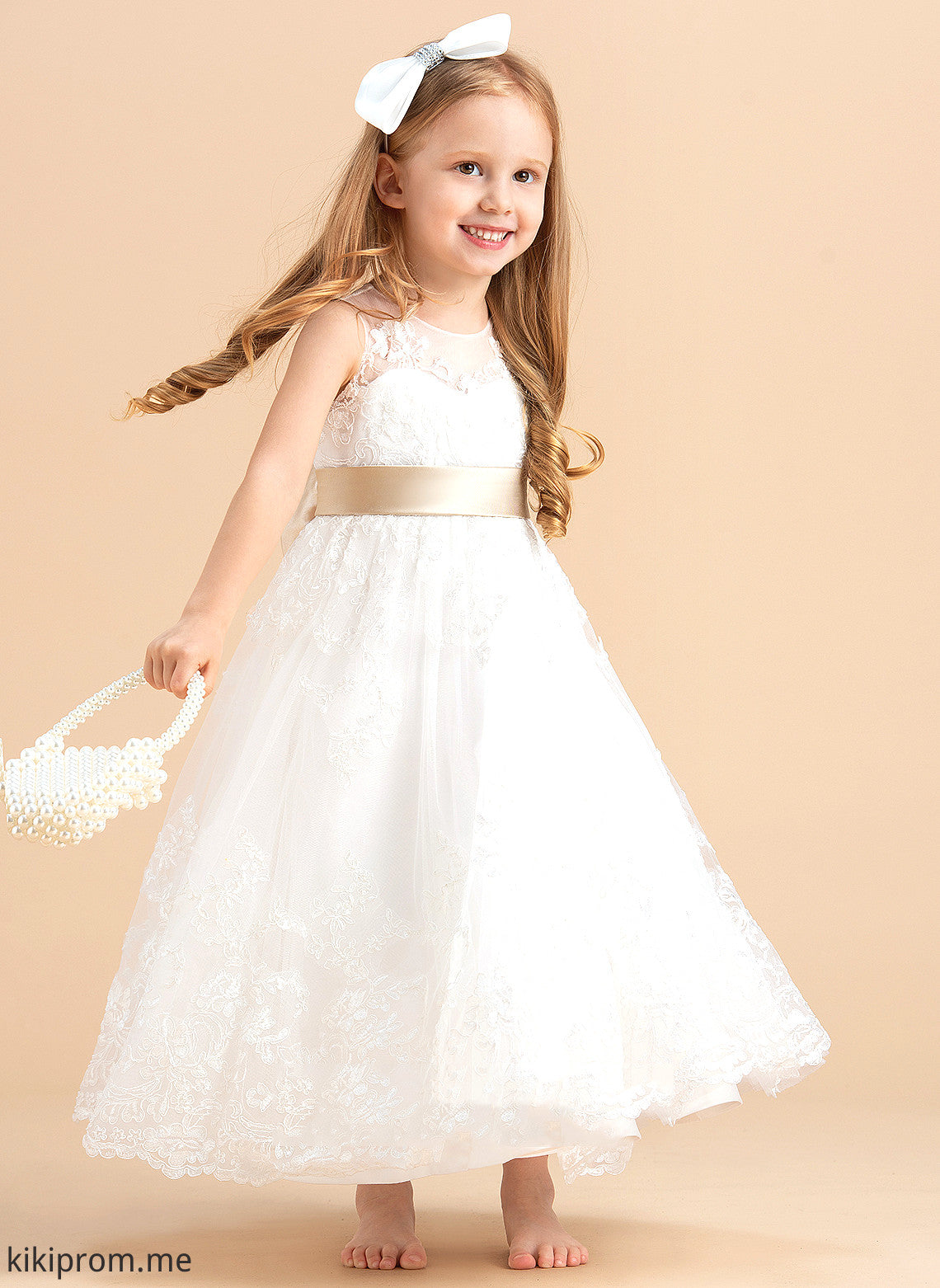 Sash/Bow(s) Lorelai Neck Flower Girl Dresses With Girl Flower A-Line/Princess Sleeveless Satin/Tulle/Lace Scoop Ankle-length Dress -