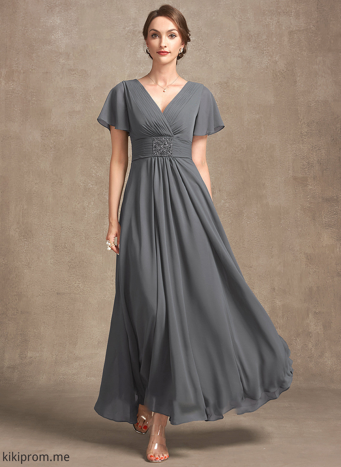 Mother of the Bride Dresses Beading Ruffle Dress A-Line Ankle-Length V-neck With Bride the of Mother Chiffon Vanessa