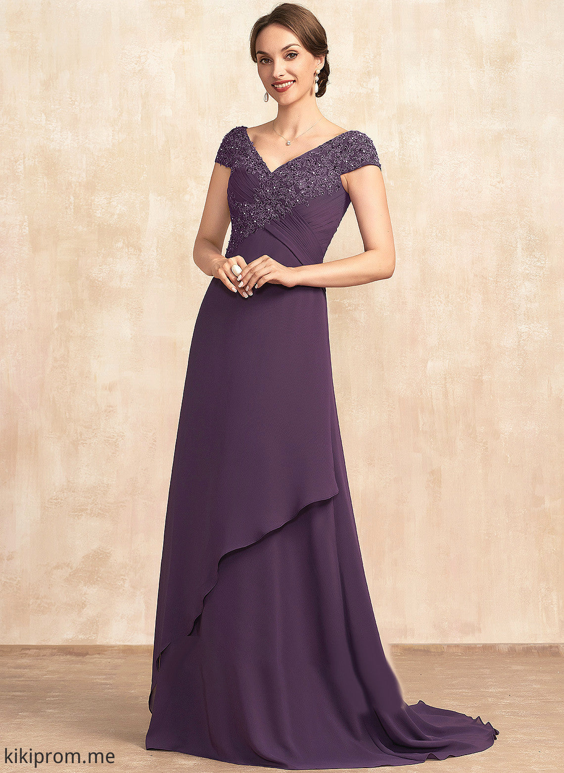 the Bride Mother of the Bride Dresses of Sweep A-Line Train Chiffon V-neck Beading Dress With Lace Ruffle Mother Ryan