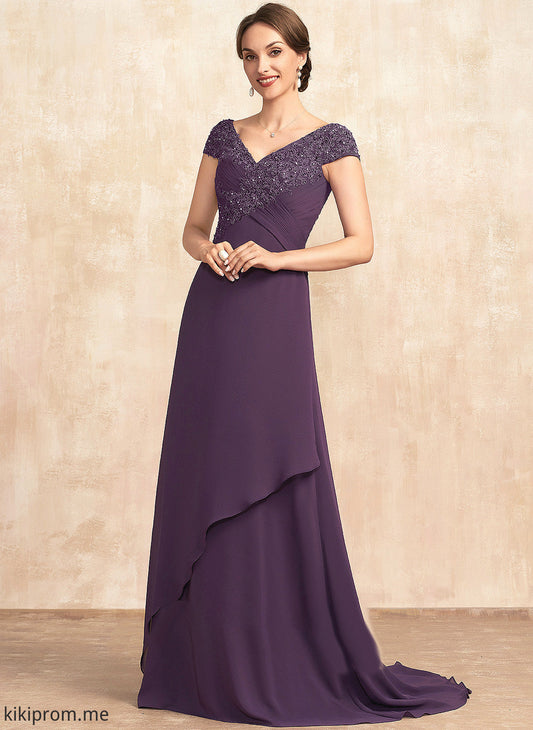 the Bride Mother of the Bride Dresses of Sweep A-Line Train Chiffon V-neck Beading Dress With Lace Ruffle Mother Ryan