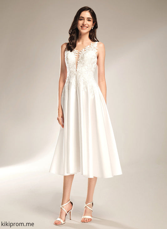 A-Line Wedding Dresses With Lace Wedding Pockets Jamie Satin Tea-Length Dress V-neck