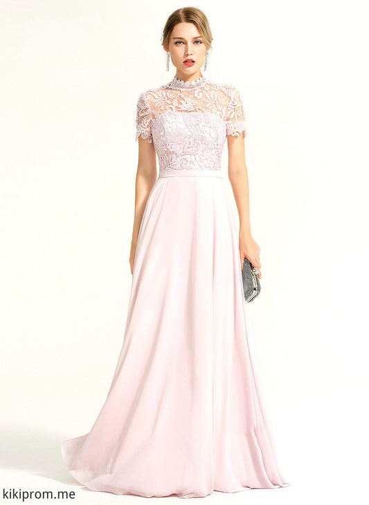 With High Chiffon A-Line Audrina Sequins Floor-Length Neck Prom Dresses