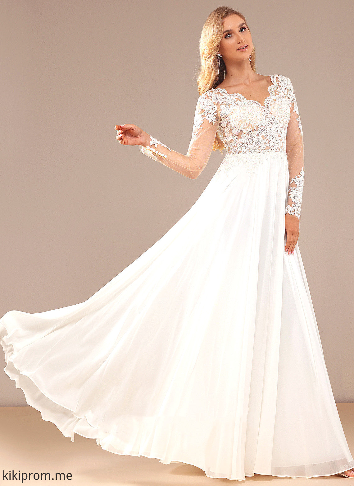 Liliana Floor-Length Dress Lace Wedding Dresses Wedding With A-Line Chiffon V-neck Lace Sequins