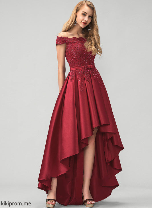 Bow(s) Prom Dresses Ball-Gown/Princess Off-the-Shoulder Beading Asymmetrical Sequins With Lace Evelyn Satin