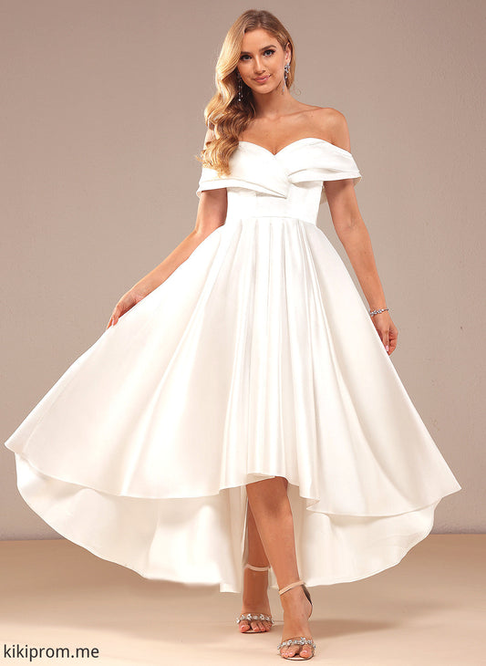 With Wedding Dress Quinn A-Line Satin Asymmetrical Wedding Dresses Off-the-Shoulder Pockets