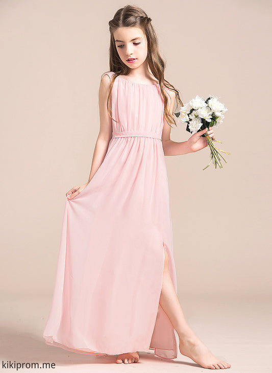 With Karma Scoop Ruffle Front Junior Bridesmaid Dresses Chiffon Neck A-Line Floor-Length Split