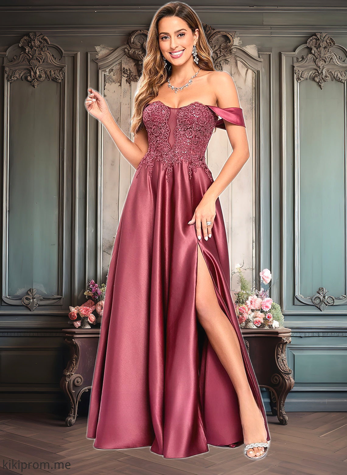 Gretchen A-line Off the Shoulder Floor-Length Satin Lace Prom Dresses With Sequins HFP0025841