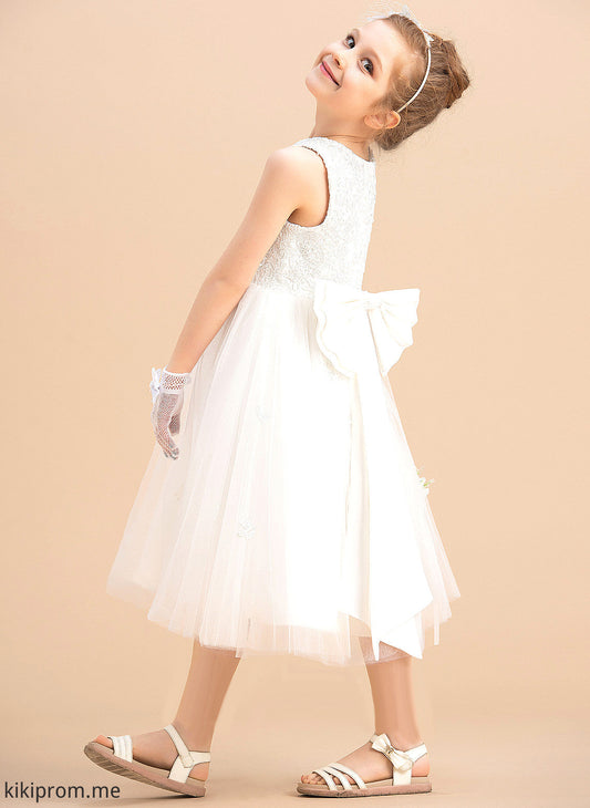 Viviana With Sleeveless Girl Flower Tea-length - Neck A-Line Bow(s) Scoop Dress Satin/Tulle Flower Girl Dresses