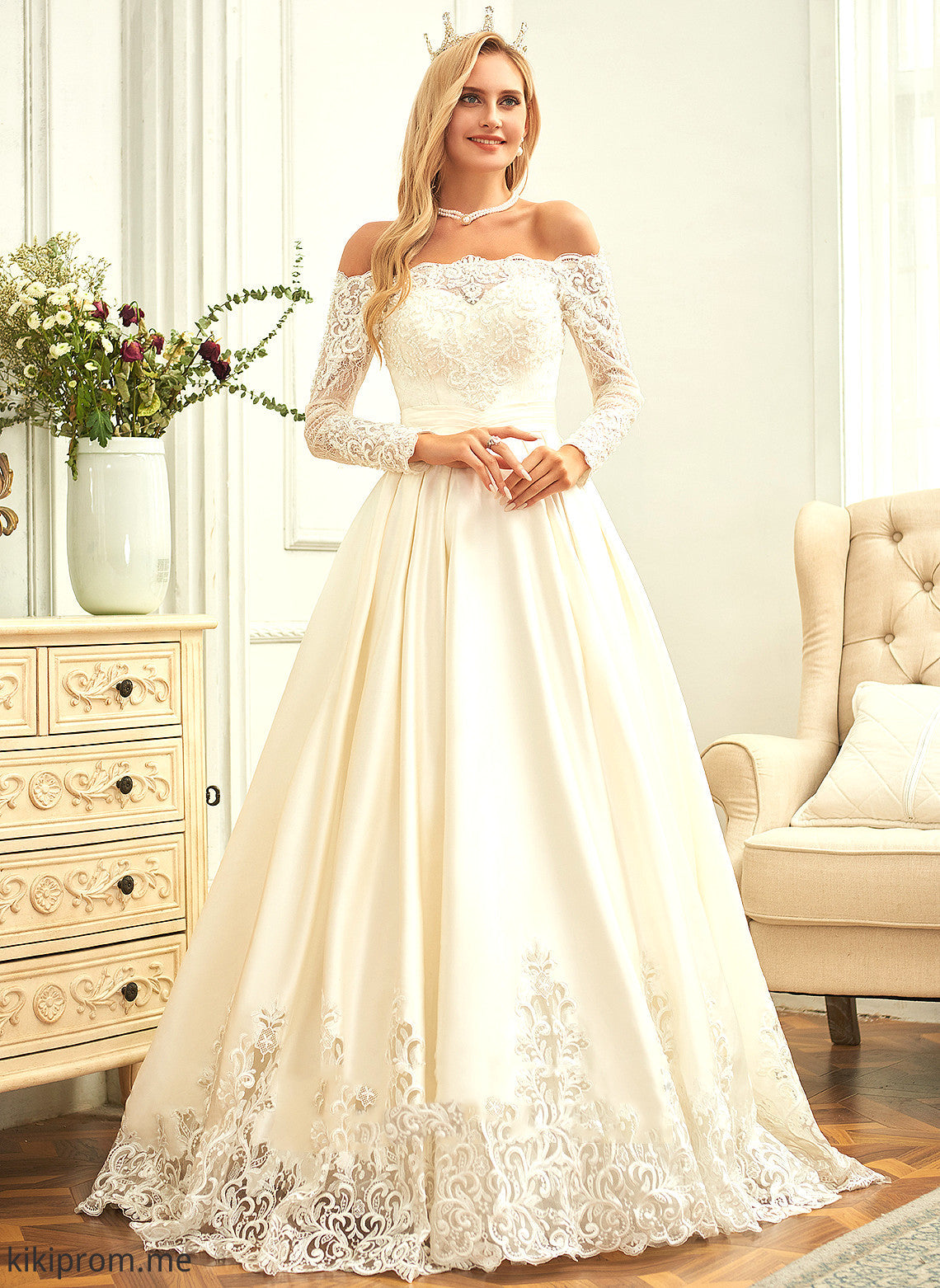 Satin Wedding Dresses With Train Dress Wedding Kaleigh Ball-Gown/Princess Beading Sweep Lace Sequins Off-the-Shoulder