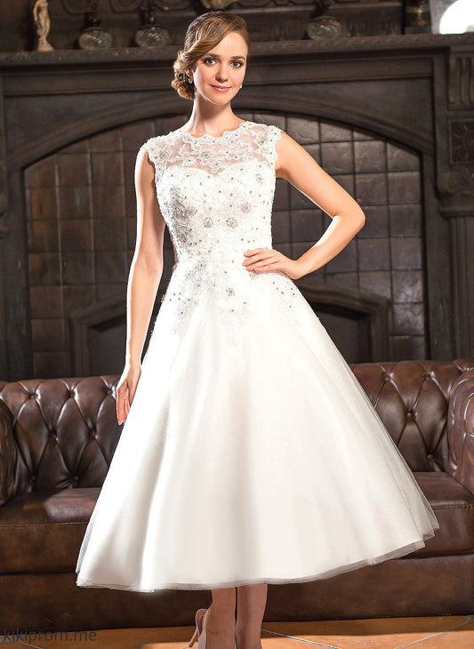 Ball-Gown/Princess Dress Tea-Length Wedding Dresses Lace Willa Tulle Sequins With Wedding Beading