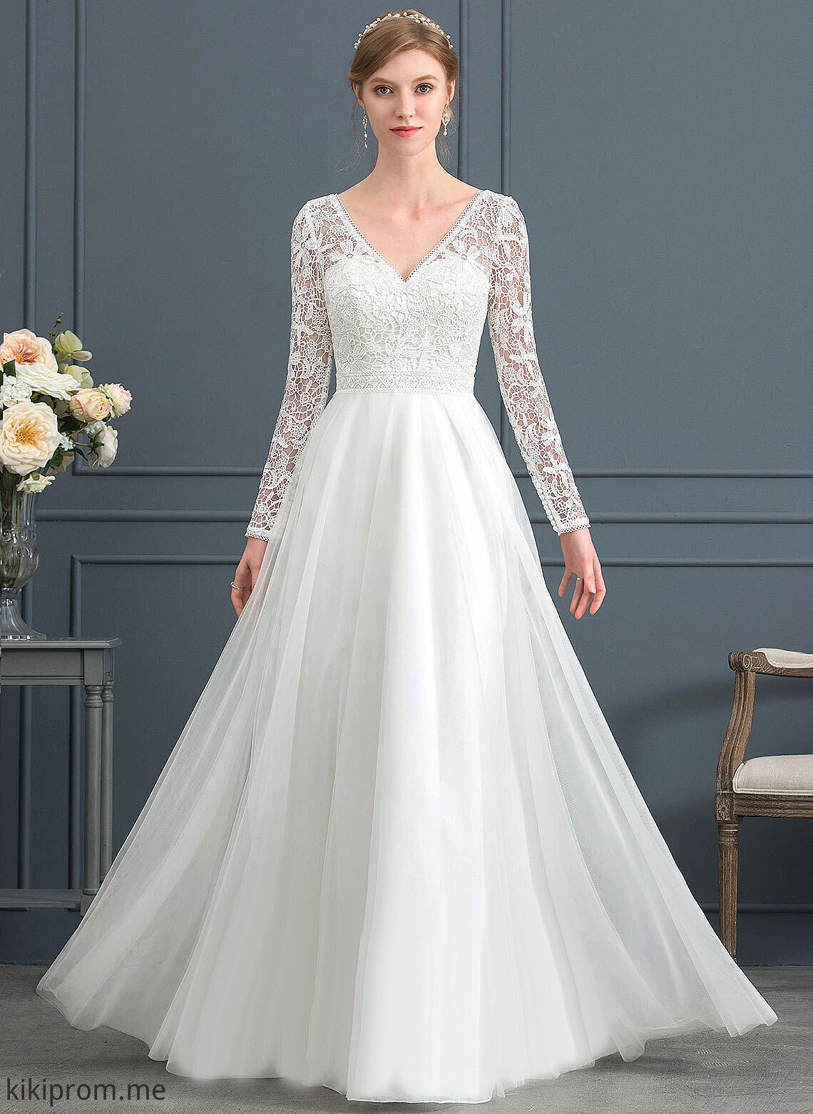 Wedding Dresses A-Line Floor-Length Wedding Jessica V-neck Lace Tulle Dress