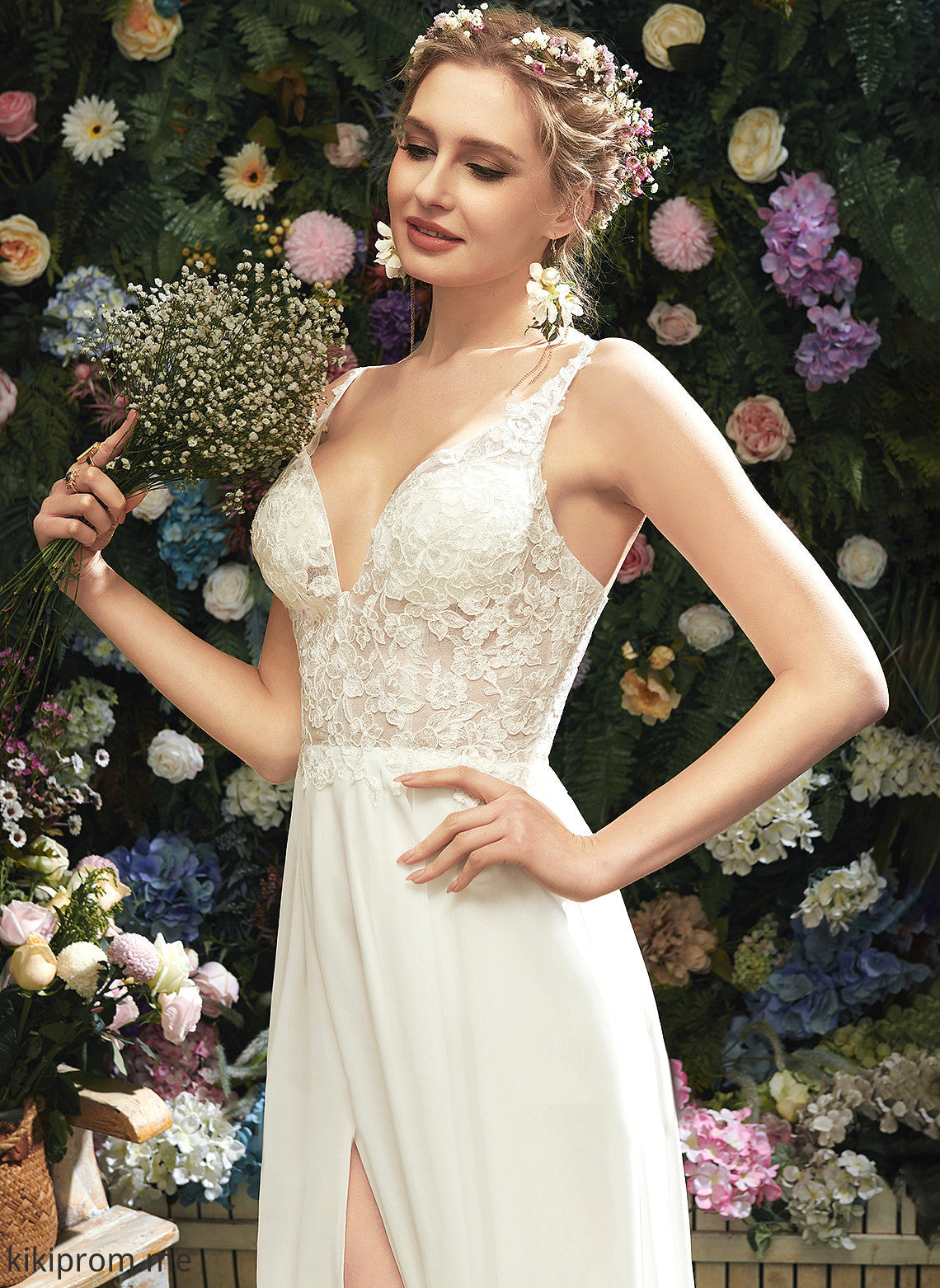 Wedding Lace Chiffon Front With Split Floor-Length V-neck A-Line Lace Dress Wedding Dresses Ariana