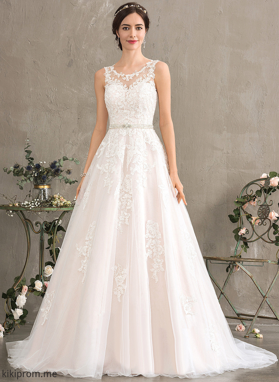 Kirsten With Wedding Dresses Train Lace Ball-Gown/Princess Wedding Sequins Neck Court Beading Dress Scoop Tulle