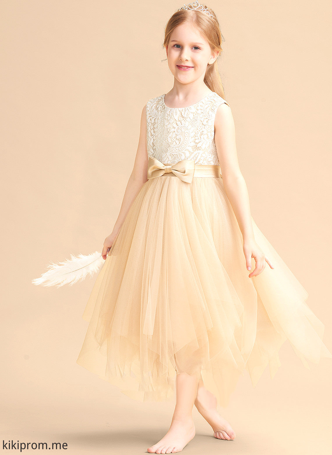 Girl Tulle Neck Tea-length Dress - Flower Lace/Bow(s) Lauryn Sleeveless With A-Line Scalloped Flower Girl Dresses