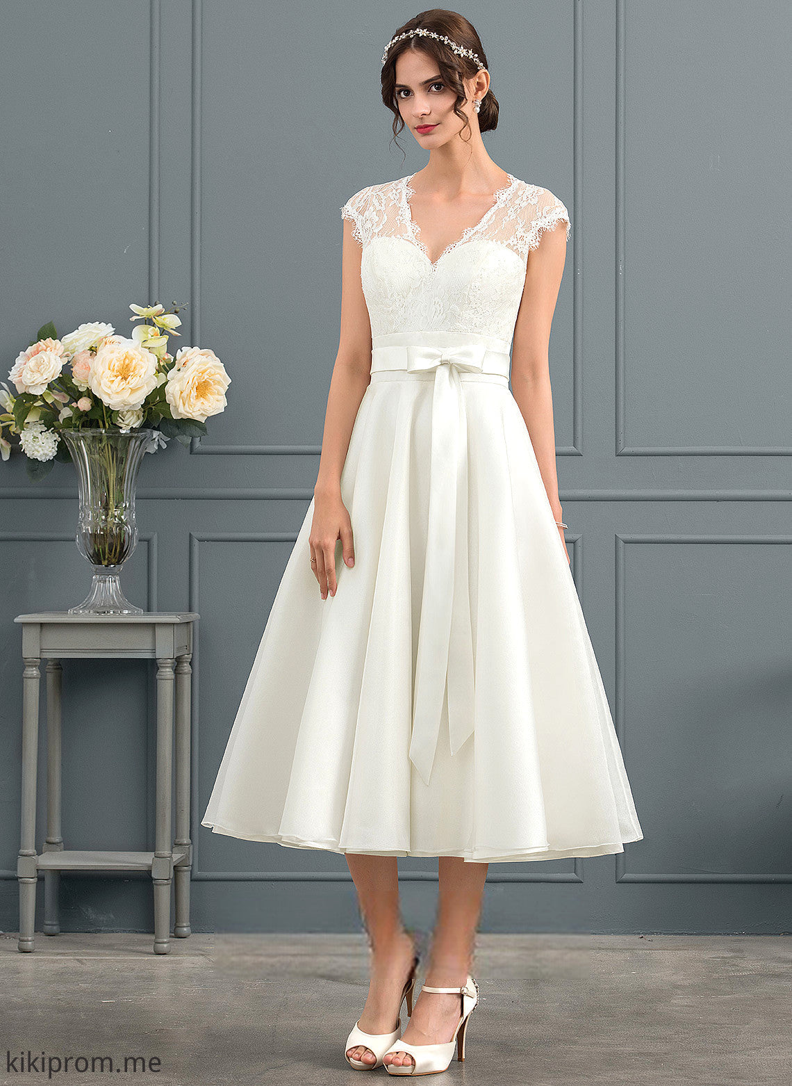 Bow(s) Tea-Length Lace With Satin Dress Wedding A-Line V-neck Fatima Wedding Dresses