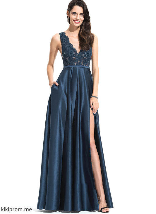 Sequins A-Line Prom Dresses Floor-Length Front Satin Annabelle V-neck With Split Lace Pockets