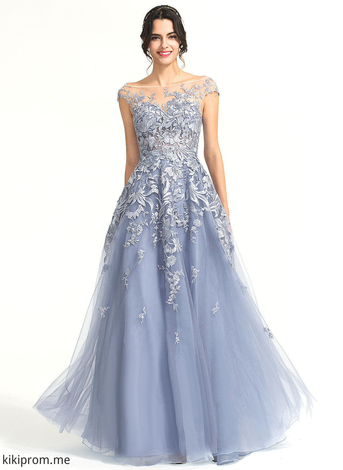 Off-the-Shoulder Lace Floor-Length Prom Dresses Tulle Illusion A-Line Jaliyah