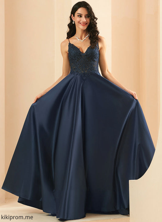 With Floor-Length Lace V-neck A-Line Maleah Satin Prom Dresses