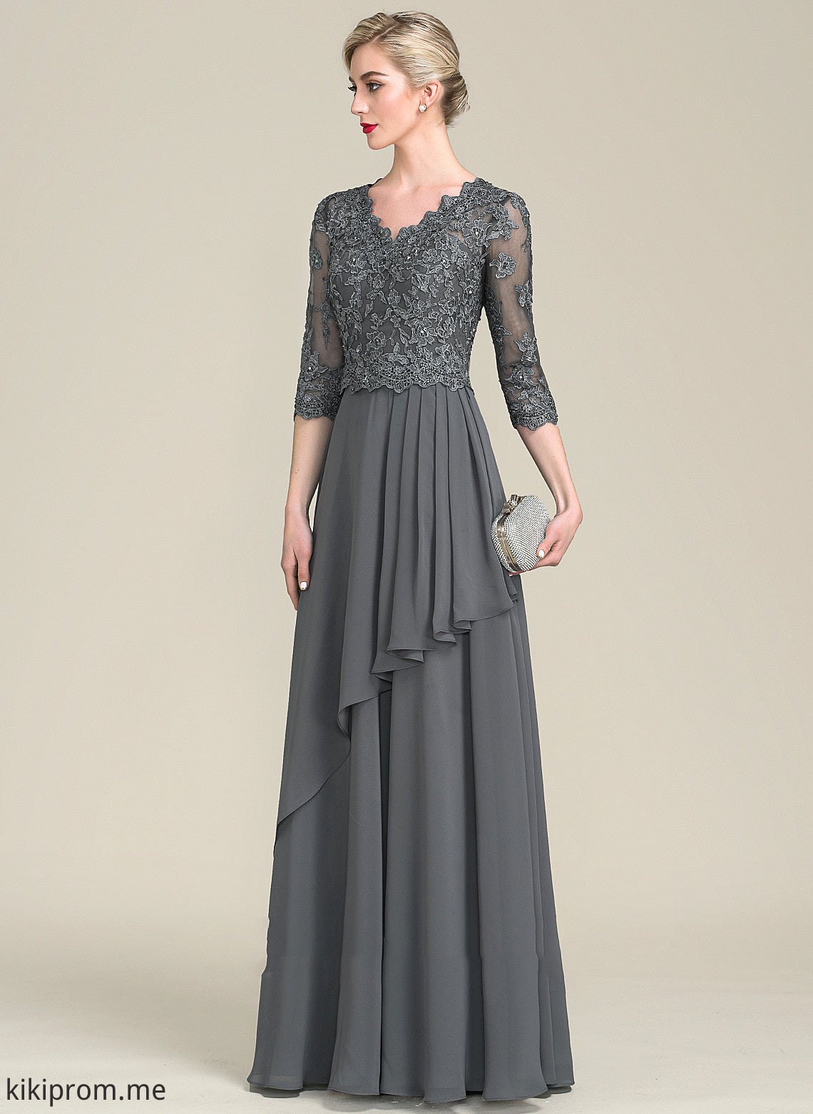 Floor-Length A-Line Chiffon Bride the Camilla Ruffles With Mother V-neck Dress of Beading Cascading Sequins Lace Mother of the Bride Dresses