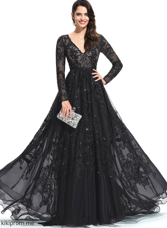 With Sweep V-neck Lace Tulle Sequins Train Ball-Gown/Princess Sarah Prom Dresses