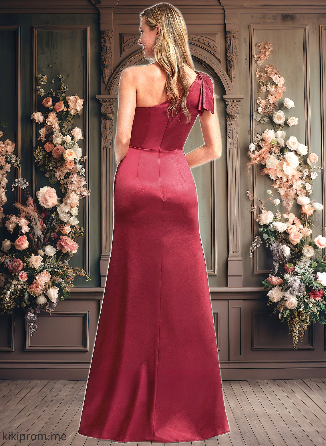 Leyla A-line One Shoulder Floor-Length Stretch Satin Bridesmaid Dress With Bow HFP0025758