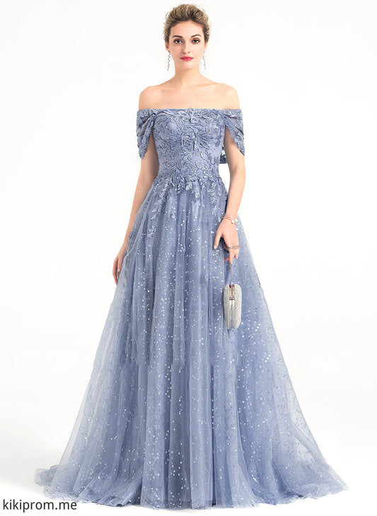 Ball-Gown/Princess Prom Dresses Keira Tulle With Train Sweep Off-the-Shoulder Sequins