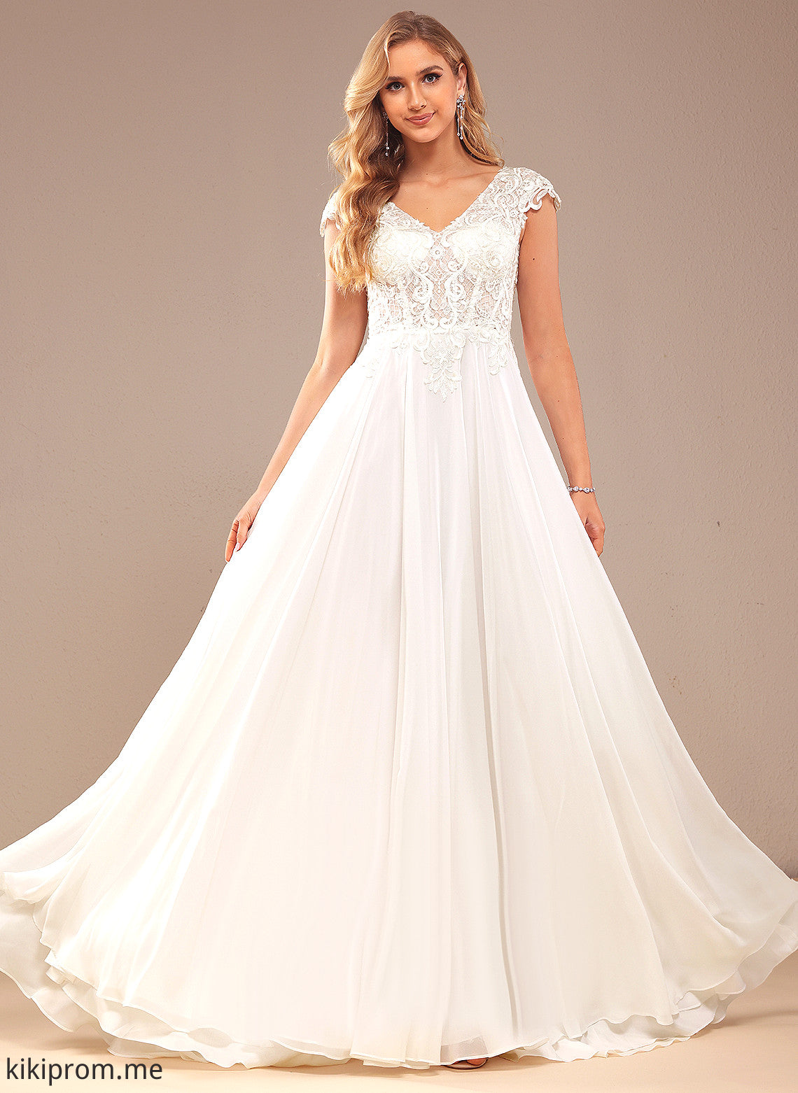 A-Line Natasha Wedding Dresses Chiffon Sweep Dress Lace Train V-neck Wedding Lace With