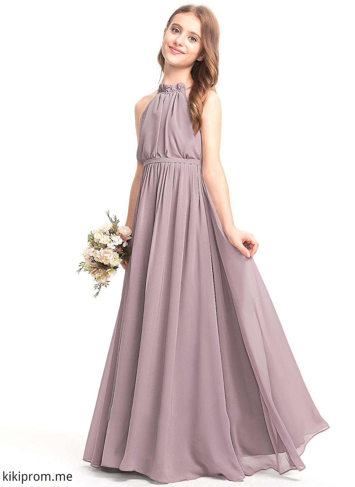 With A-Line Neck Cascading Floor-Length Jayleen High Chiffon Junior Bridesmaid Dresses Ruffles Bow(s)