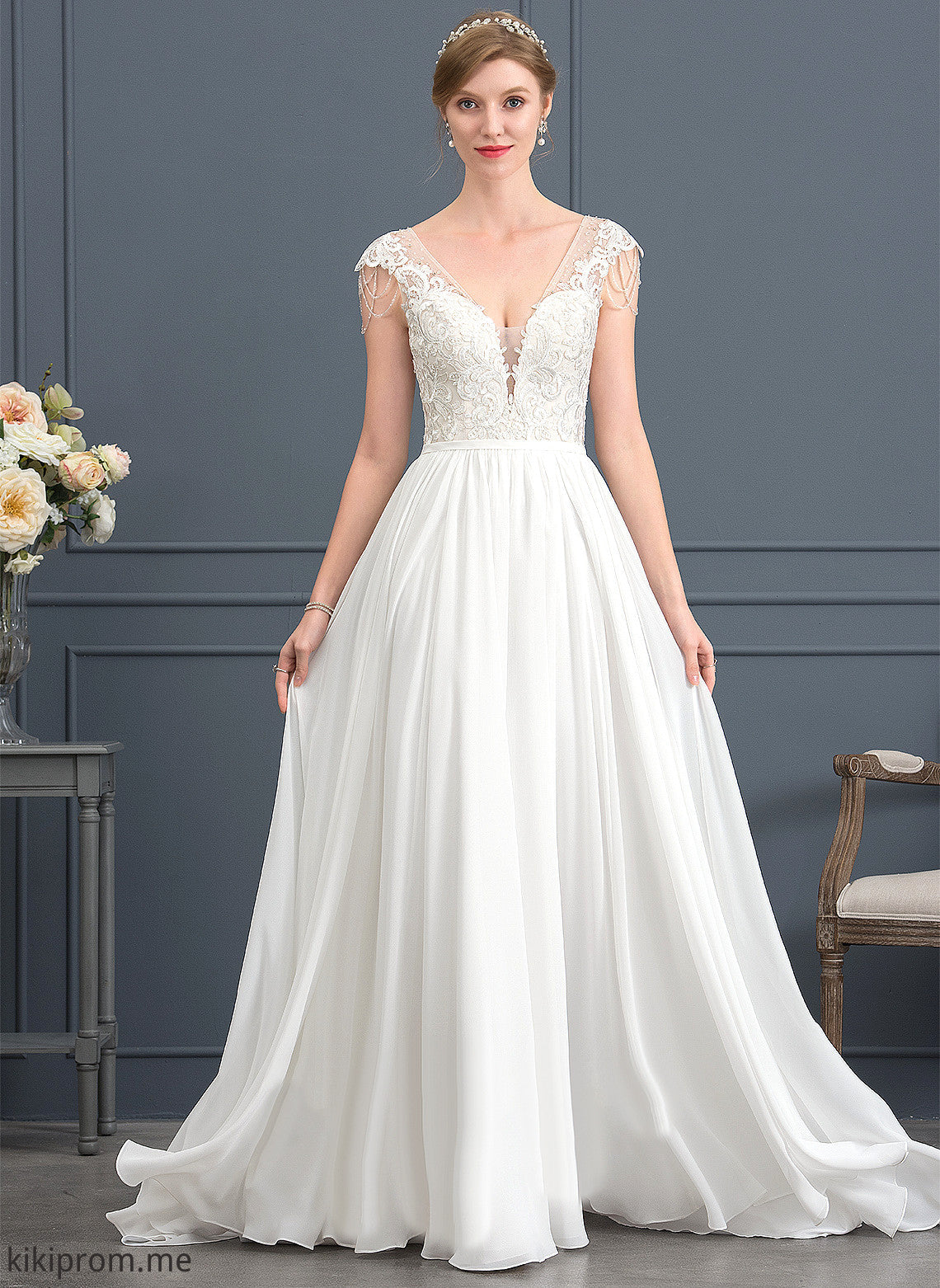 V-neck Sweep Paulina With Wedding Dresses Lace Train Sequins A-Line Dress Wedding Chiffon Beading