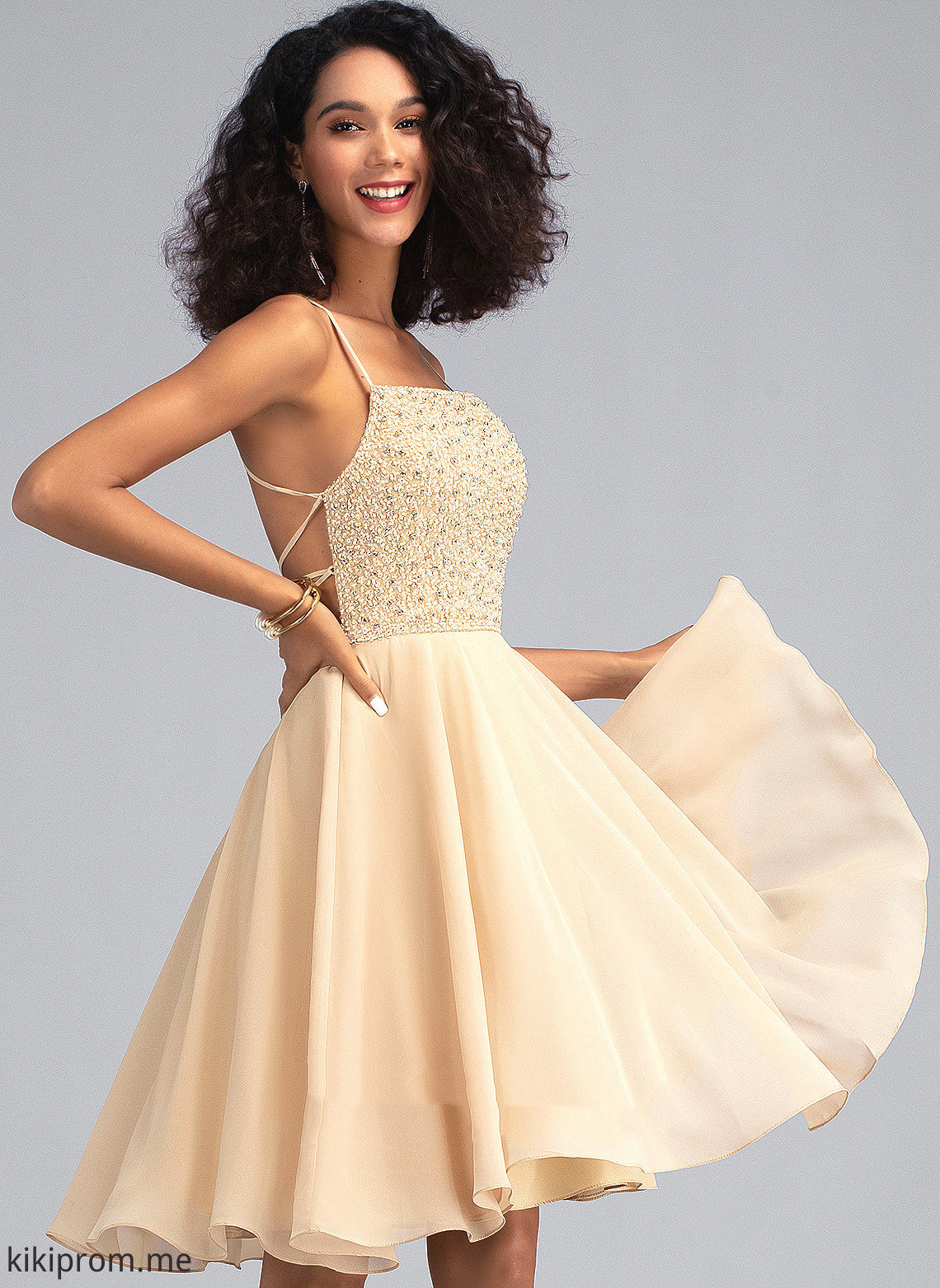 Square Knee-Length Homecoming Dress Beading A-Line Chiffon Homecoming Dresses Priscilla Neckline With Sequins