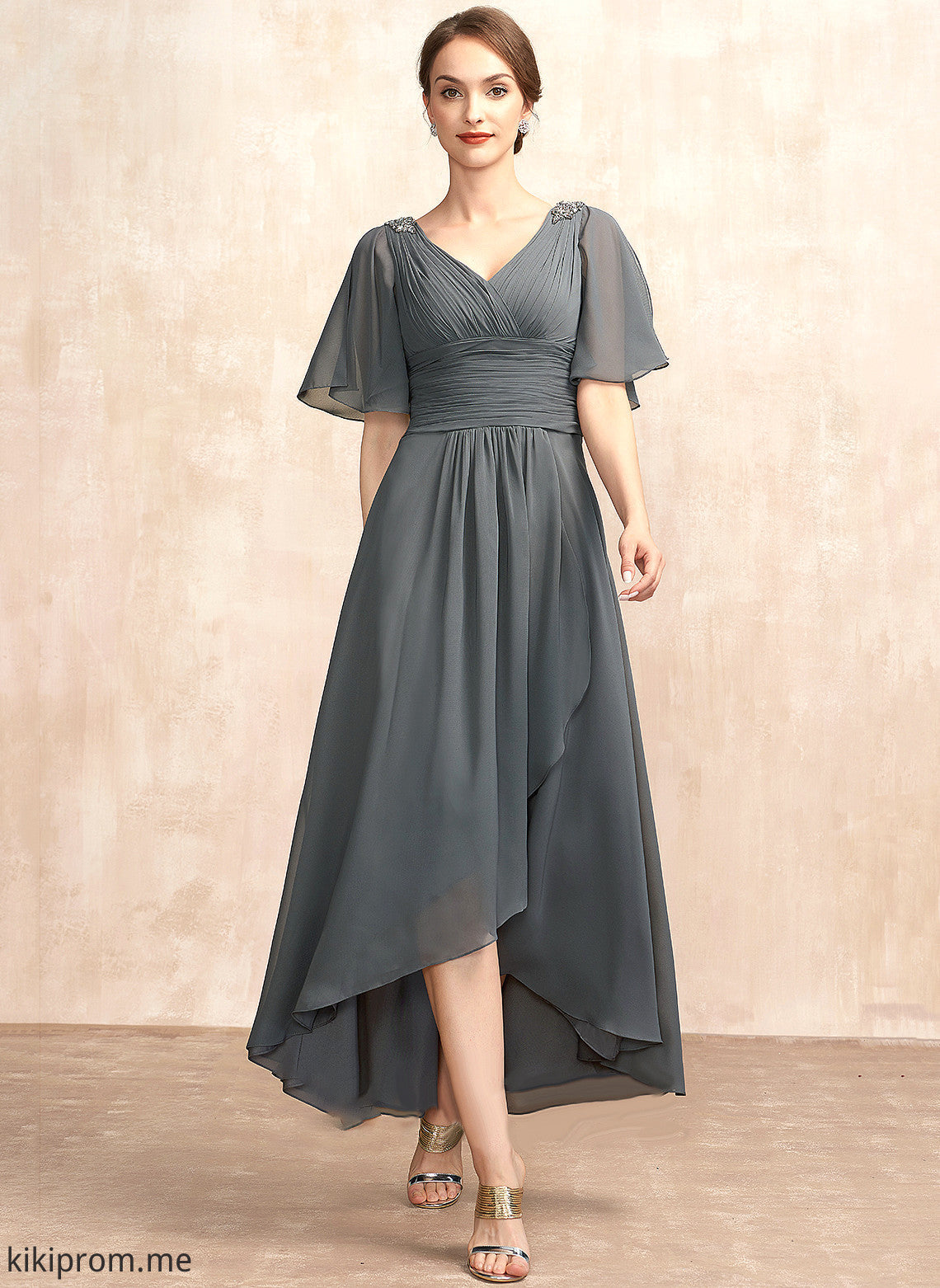 Dress A-Line of V-neck Chiffon the Asymmetrical Bride Mother of the Bride Dresses Mother Ruffle Gianna With Beading