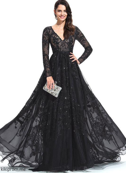 Train Sweep Tulle Ball-Gown/Princess With Lace Stephanie Sequins Prom Dresses V-neck