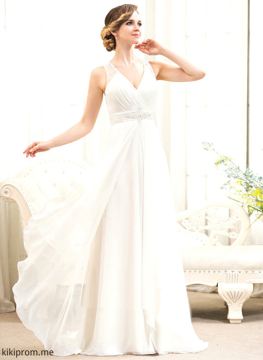 Chiffon Wedding Dresses Cascading A-Line Beading V-neck Adeline Train With Wedding Ruffles Sweep Dress Tulle Sequins