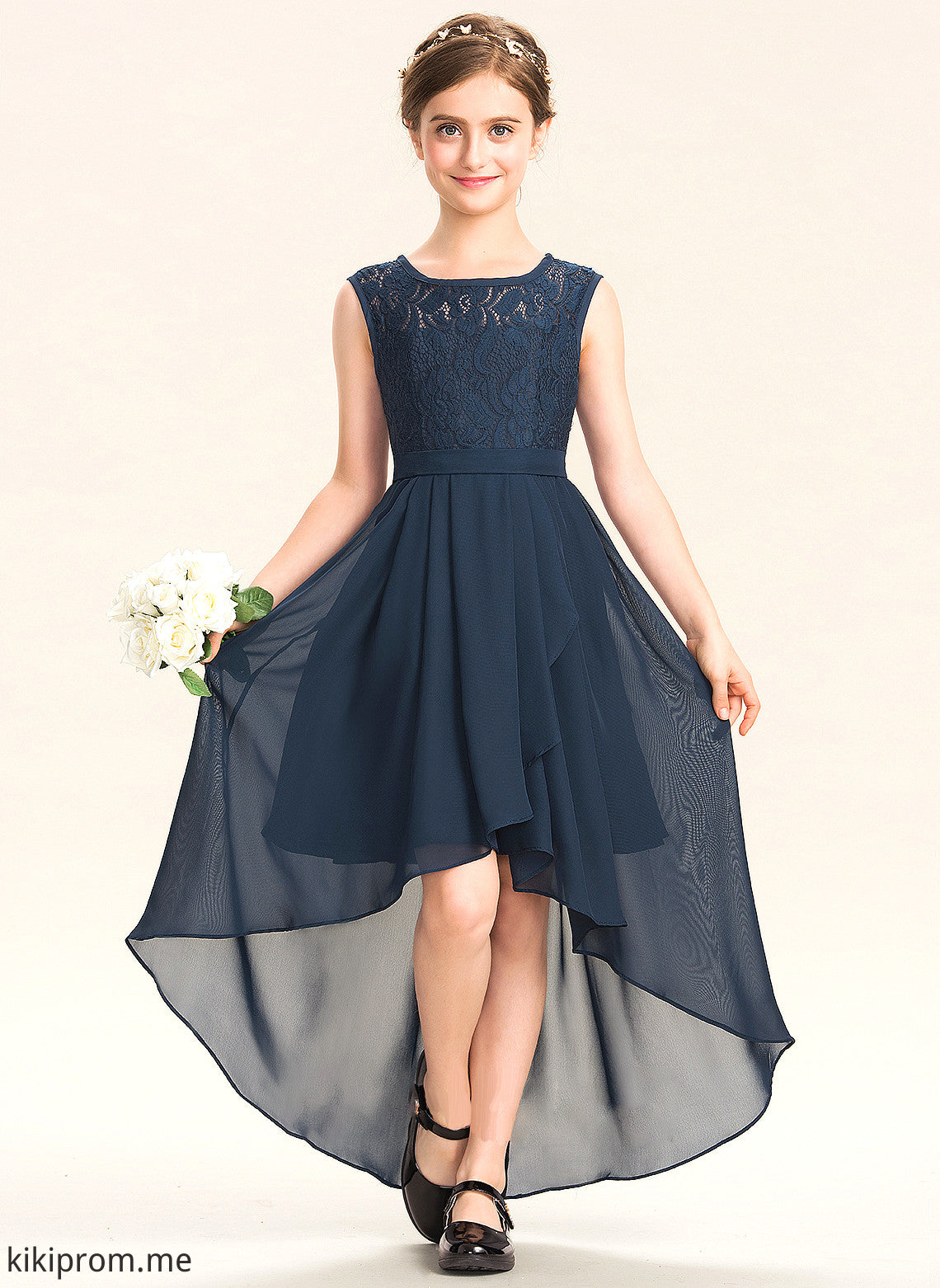 With Neck Chiffon Junior Bridesmaid Dresses Charlee A-Line Scoop Bow(s) Cascading Asymmetrical Ruffles Lace