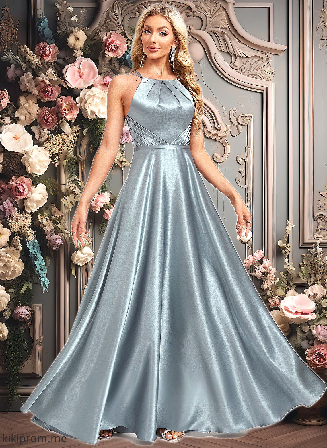 Adelaide A-line Halter Floor-Length Stretch Satin Bridesmaid Dress HFP0025783