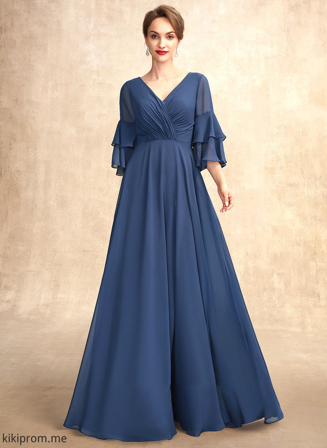 Adelyn Ruffles Mother of the Bride Dresses Mother Floor-Length Dress Chiffon the Cascading With V-neck of A-Line Bride