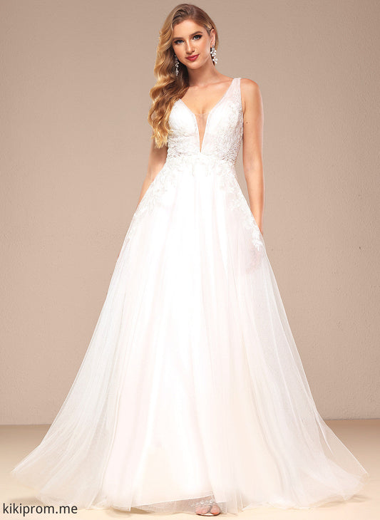 V-neck Tulle With Dress Wedding Claire Lace Sequins Train Wedding Dresses A-Line Sweep