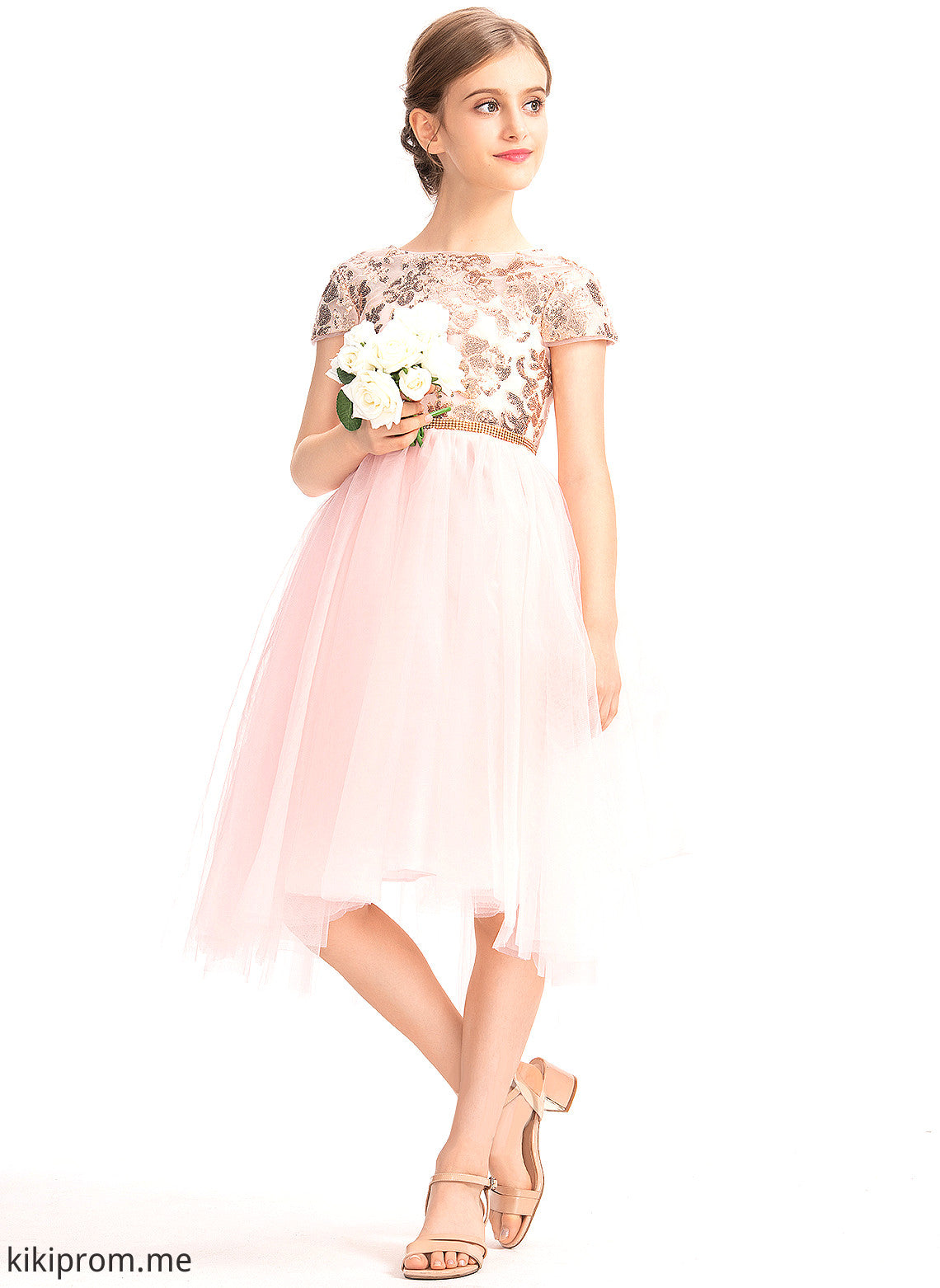 With Tulle Junior Bridesmaid Dresses Asymmetrical Neck Scoop Sequins Glenda A-Line