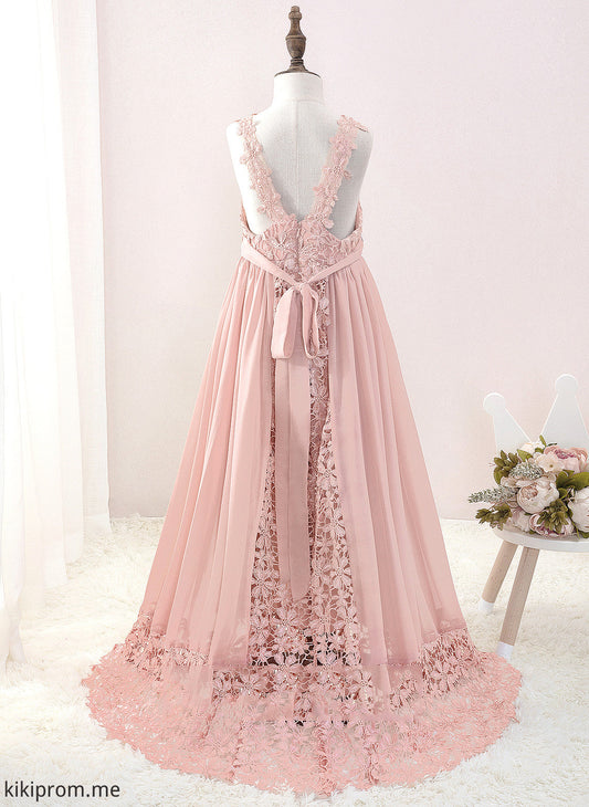 Chiffon/Lace Flower Girl Dresses With Floor-length Dress Flower - Beading Sleeveless Girl A-Line V-neck Maisie