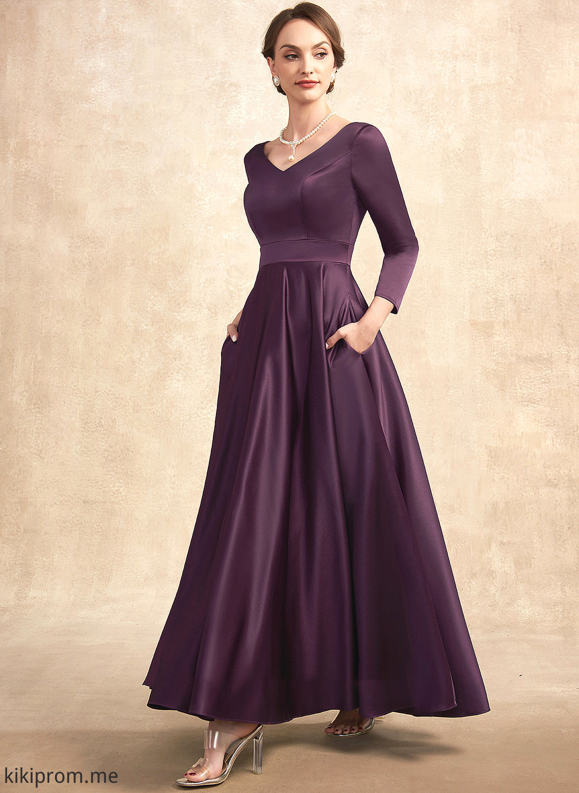 of Mother With Bride the V-neck A-Line Dress Carina Ankle-Length Mother of the Bride Dresses Pockets Satin