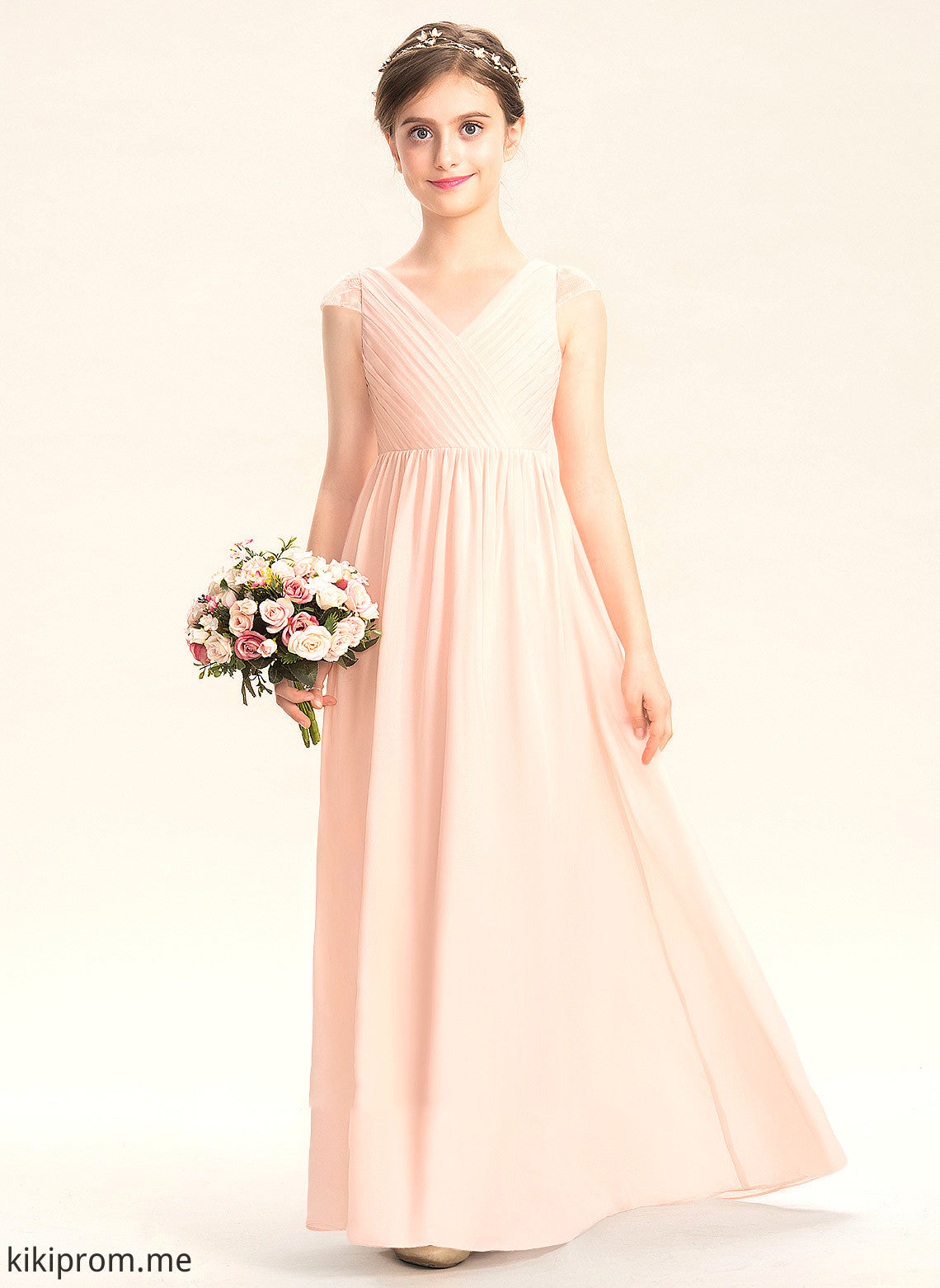 With V-neck A-Line Floor-Length Tess Chiffon Lace Ruffle Junior Bridesmaid Dresses