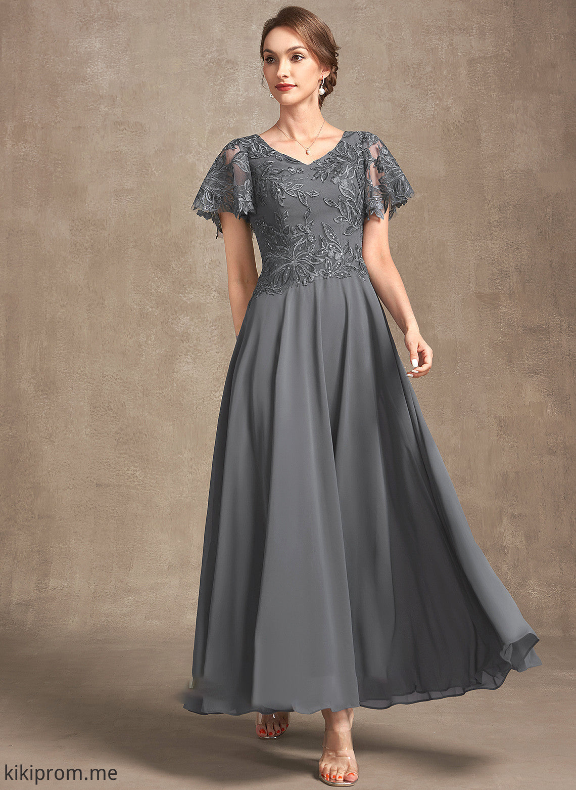 Dress V-neck Lace Chiffon With Ali Bride Ankle-Length Sequins Mother A-Line the Mother of the Bride Dresses of