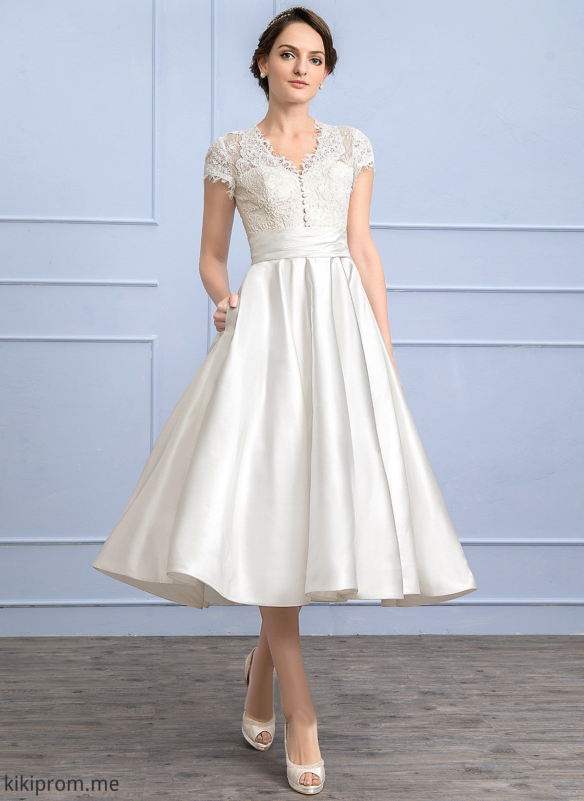 Tea-Length Wedding Dresses Lace Allison Dress Ruffle V-neck Wedding A-Line Satin Pockets With