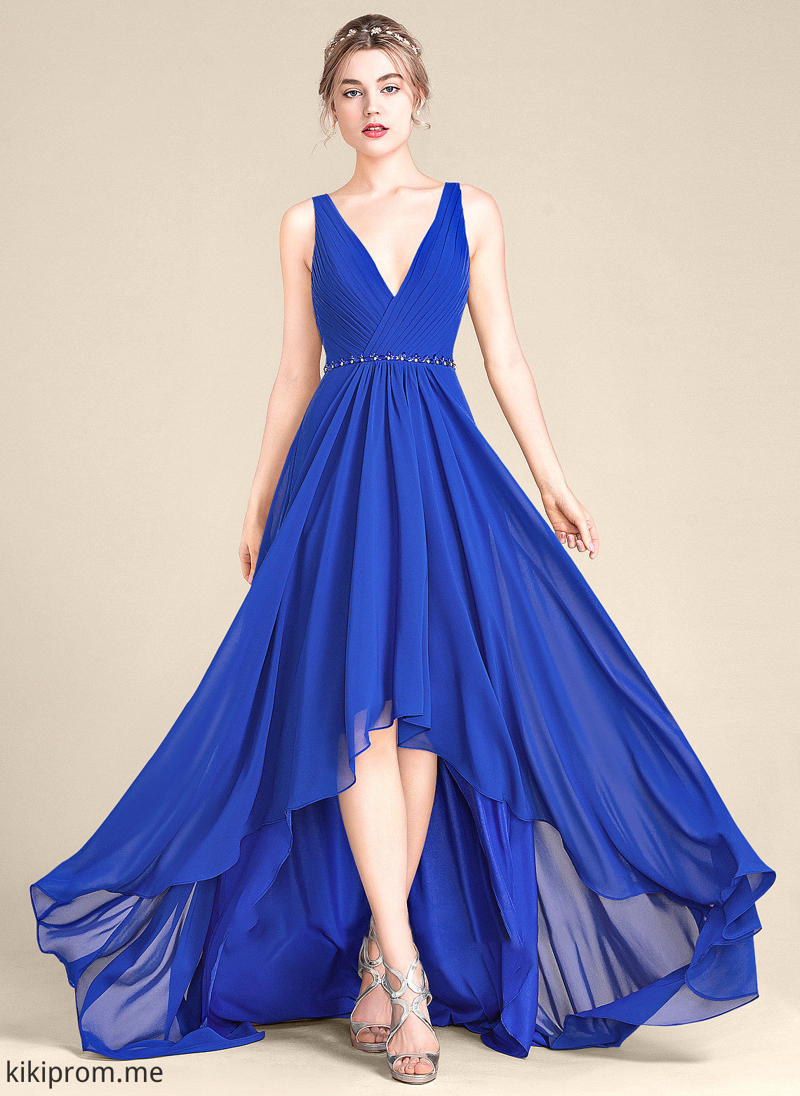 Asymmetrical Chiffon V-neck Prom Dresses Sequins Haven Ruffle With A-Line Beading