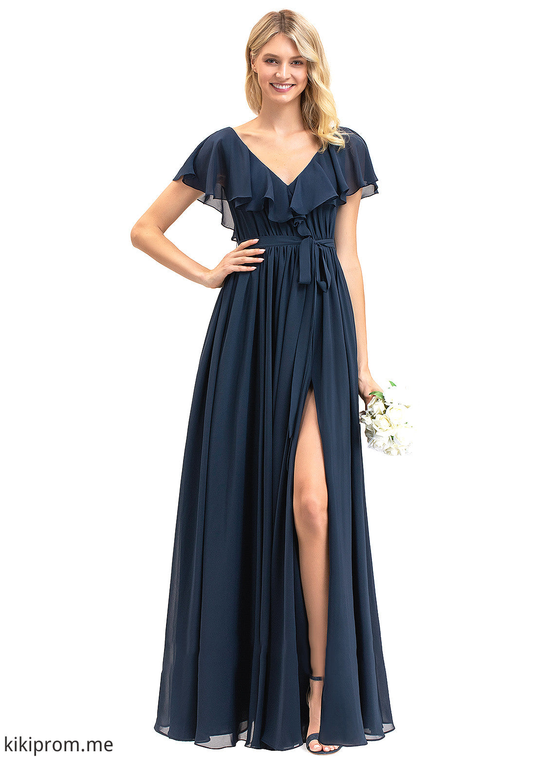 V-neck Chiffon With Split Bow(s) Floor-Length A-Line Prom Dresses Cascading Ruffles Front Sienna