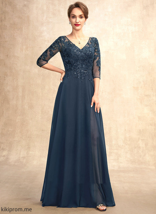 the V-neck Floor-Length Split Mother Dress Sequins A-Line Front of Mikayla Chiffon Mother of the Bride Dresses With Bride Lace