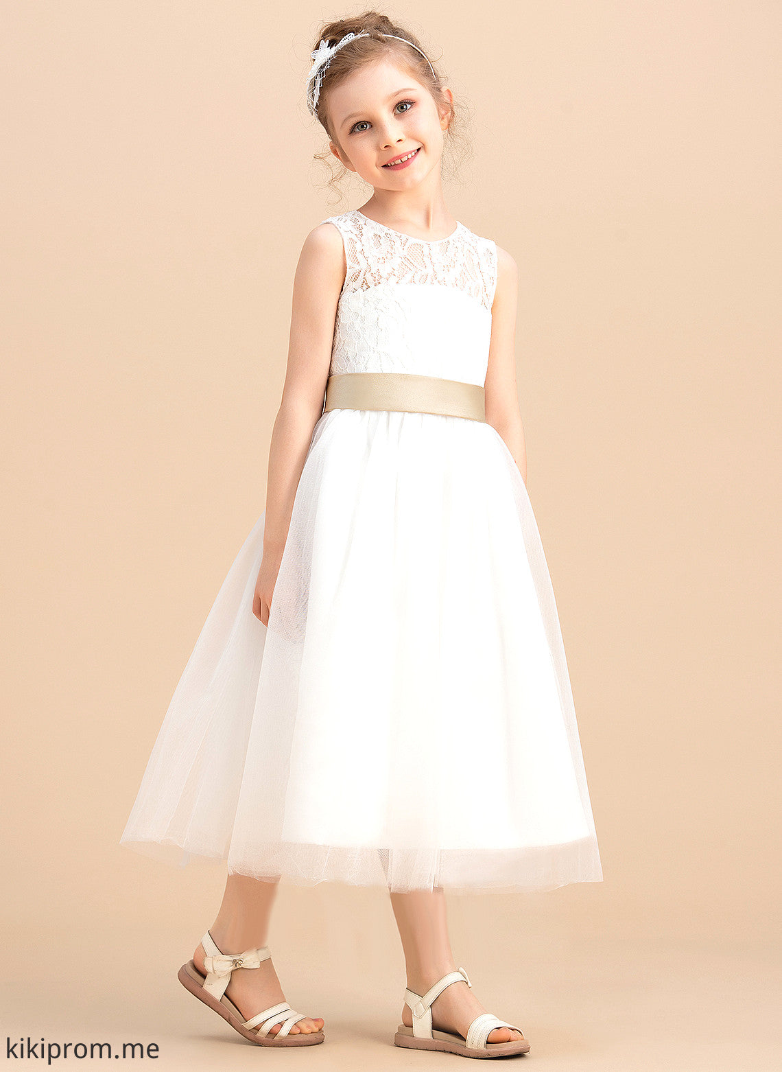 Tea-length Tulle/Lace Scoop Saniyah Dress Neck Hole With Girl A-Line/Princess Sleeveless Flower Girl Dresses Flower Sash/Bow(s)/Back