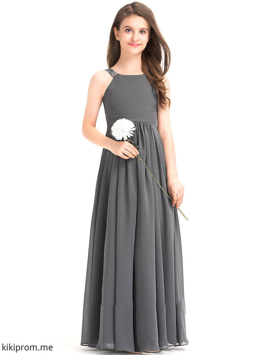 With Reese Lace Junior Bridesmaid Dresses Ruffle Floor-Length Chiffon A-Line Neck Scoop