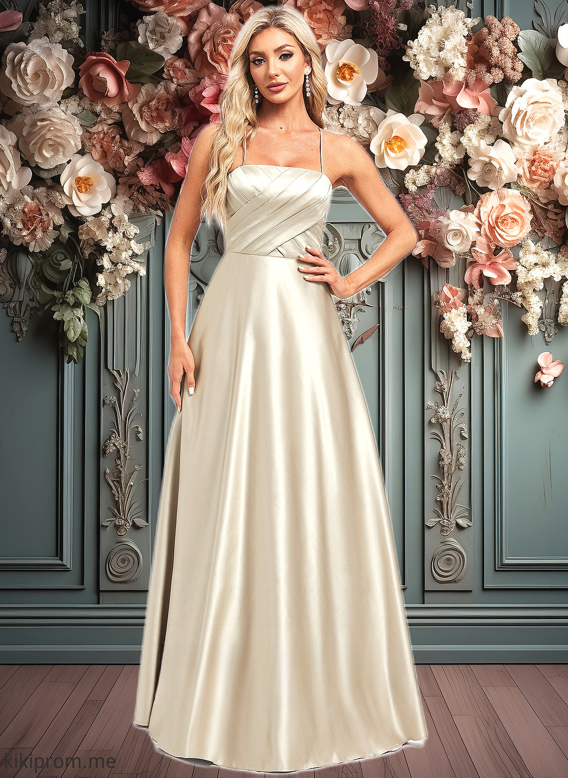 Crystal A-line Square Floor-Length Satin Bridesmaid Dress HFP0025789