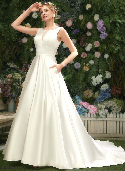 Jaylyn Neck Train Court Wedding Dresses Wedding Dress A-Line Satin Scoop